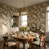 Colorful patterned wallpaper with a textured finish, creating a dynamic backdrop.