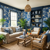 Blue and white Mariner's Quiet Wallpaper with toile pattern, covering walls and built-in bookcase.

