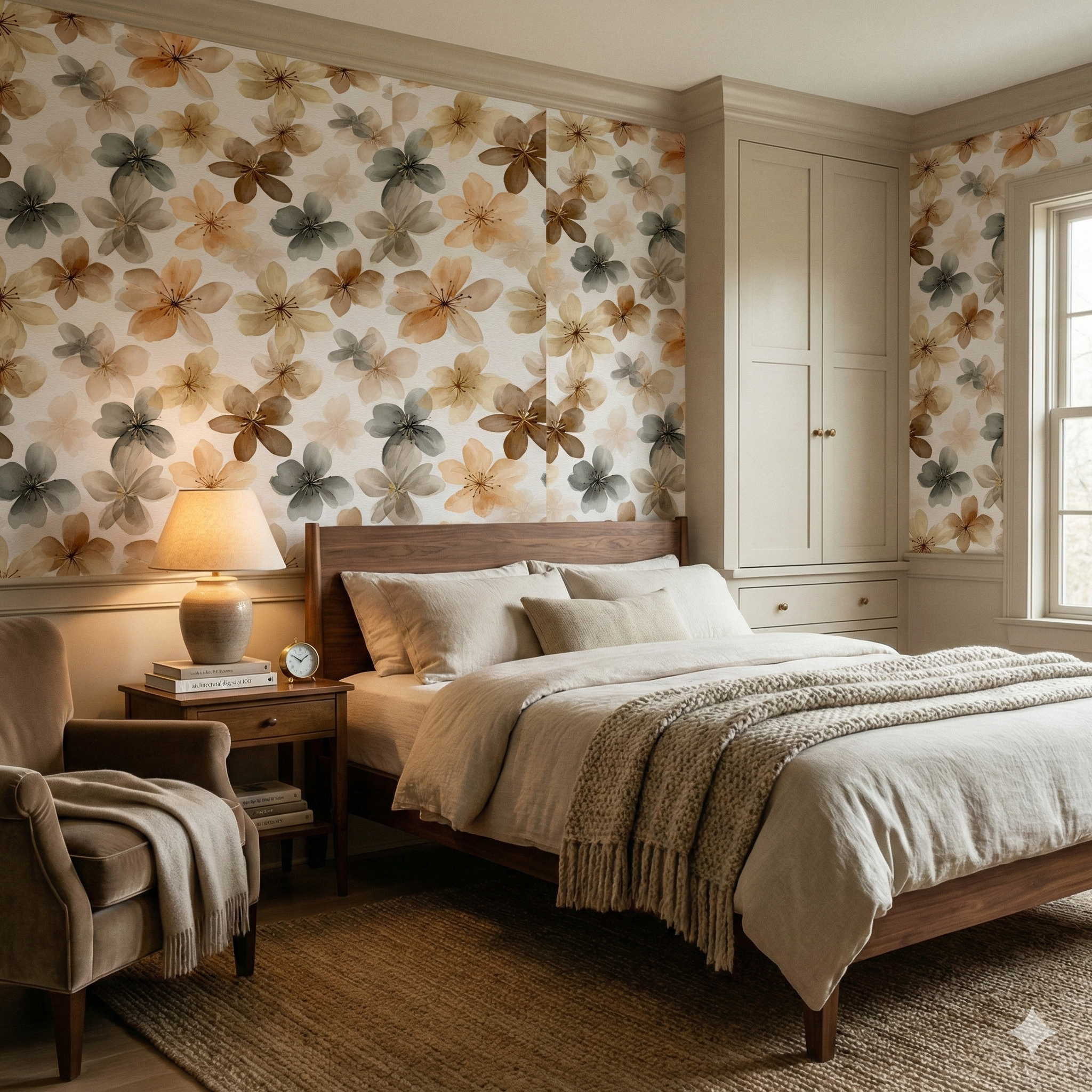 Floral Veilflower Wash Wallpaper from Wallshoppe, featuring a brown and gray flower pattern in a bedroom setting.