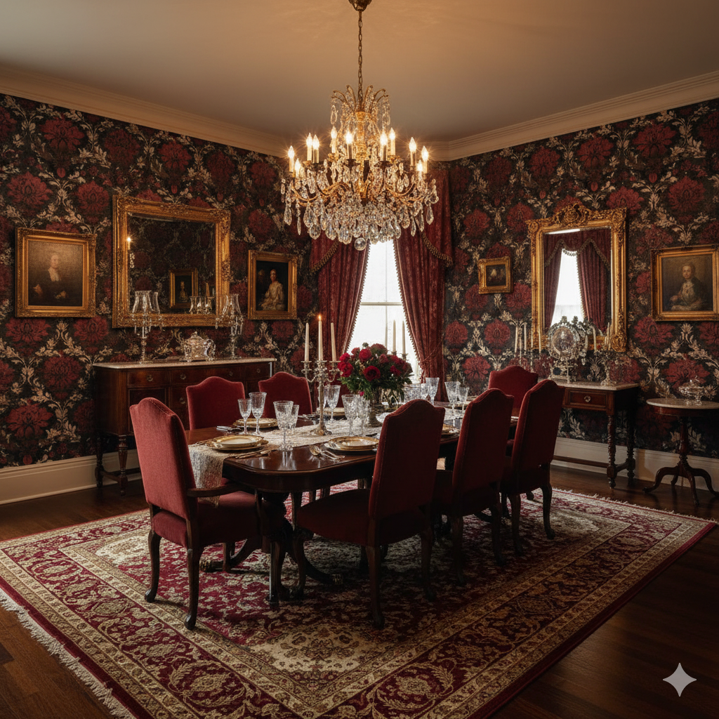 Red monastery wallpaper with dark floral pattern, decorating the walls of a formal dining room.
