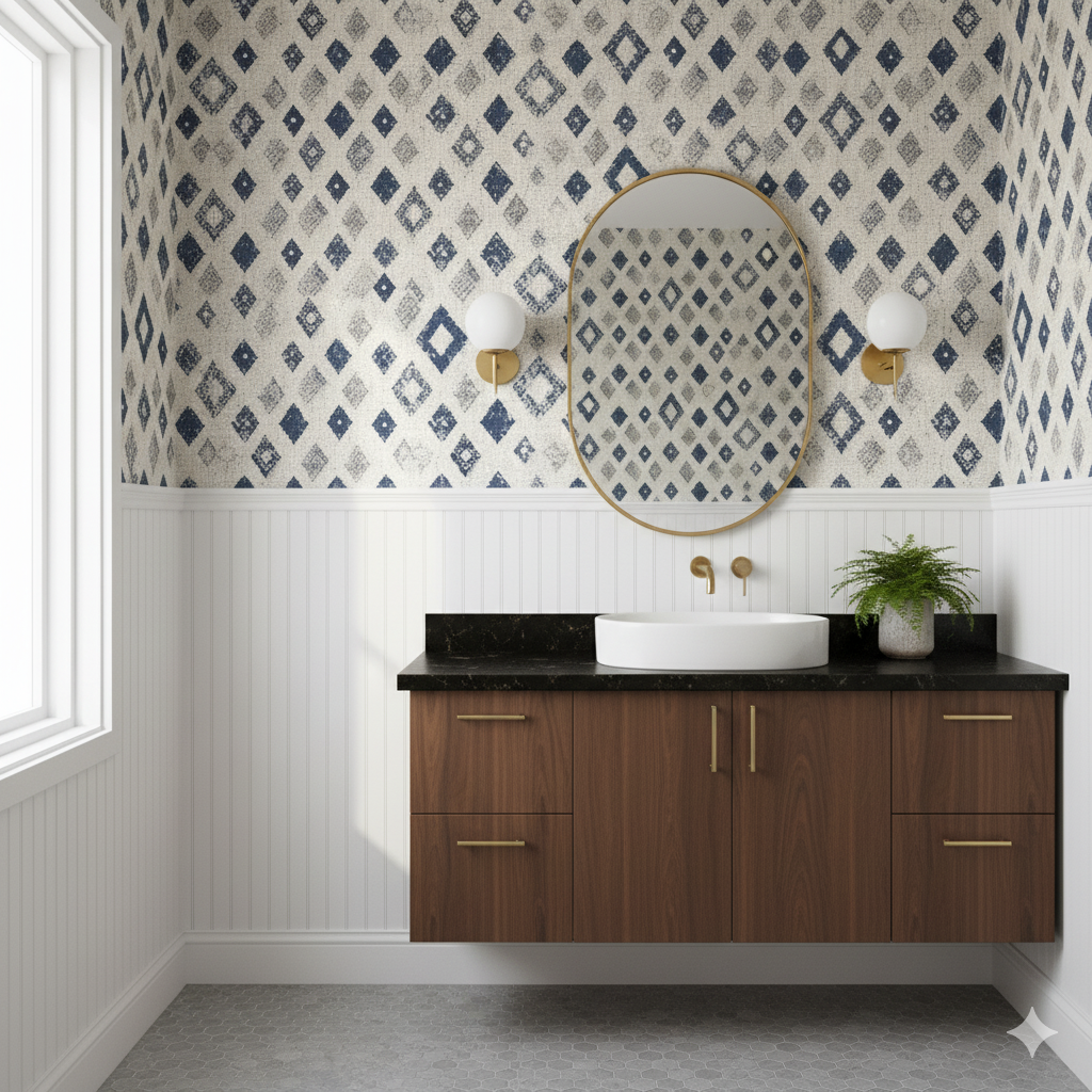 Atlas Diamond Wallpaper featuring navy diamond pattern, on a textured off-white backdrop.