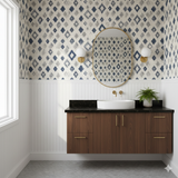 Atlas Diamond Wallpaper featuring navy diamond pattern, on a textured off-white backdrop.