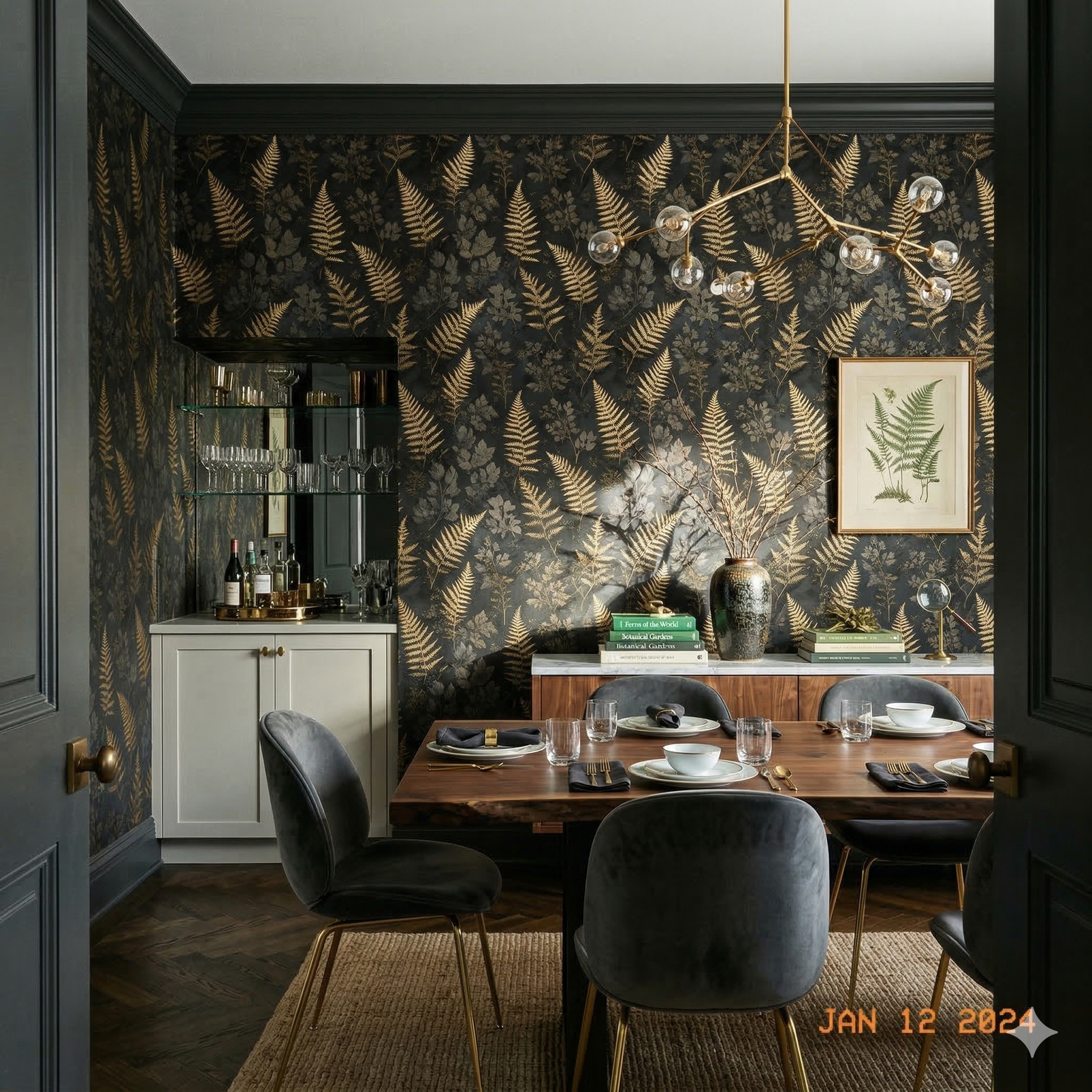 Fern pattern wallpaper with gold accents, from Brewster Home Fashions, covering walls with dark trim.
