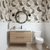 Abstract patterned wallpaper featuring neutral tones and curved shapes.
