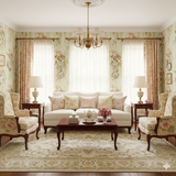 Floral Maison de Lys Wallpaper with flowers and plates pattern, covering the walls of a traditional living room.
