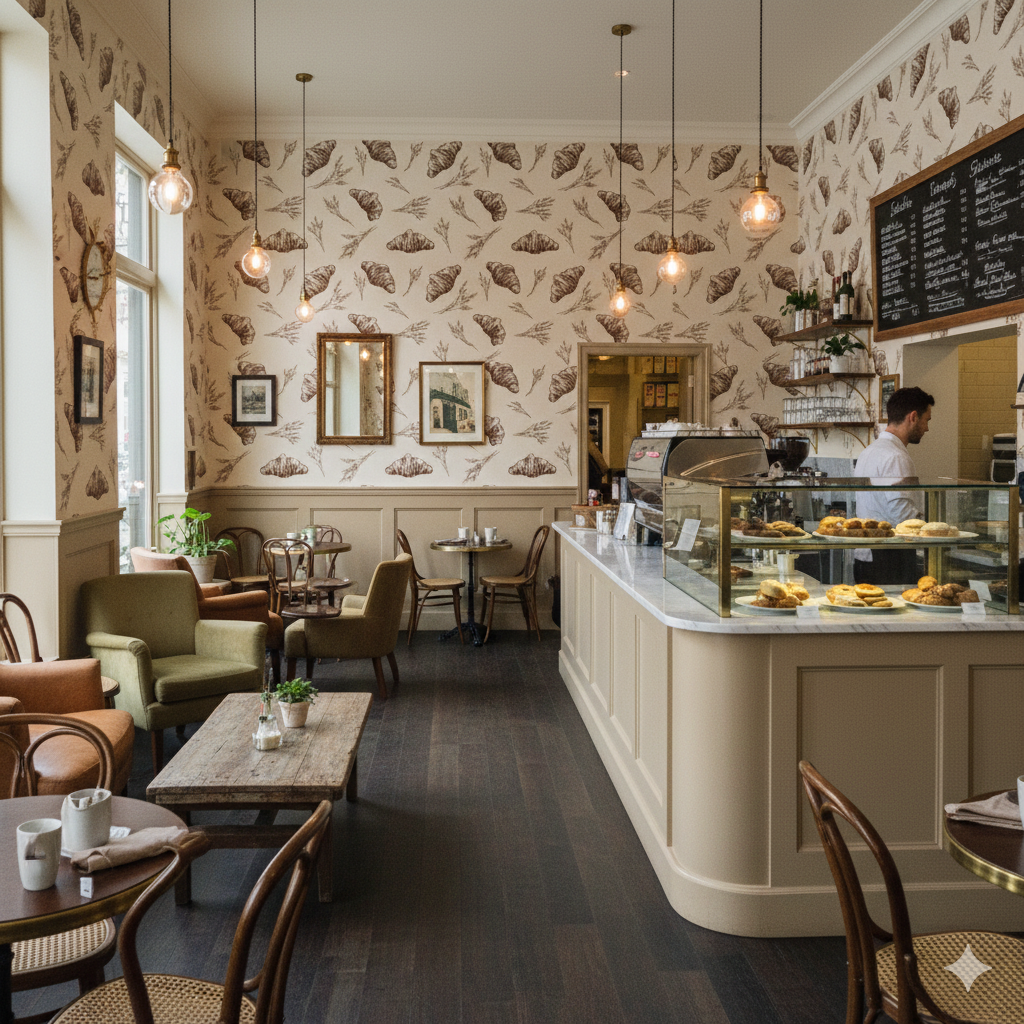 Patterned wallpaper with croissants from Le Matin, covering a café interior with tables, chairs, and lighting fixtures.
