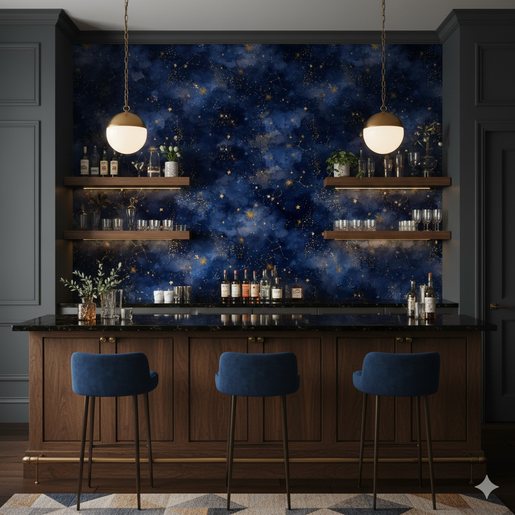 Celestial Atlas Wallpaper featuring constellations against a navy and gold starburst pattern.
