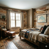 Oarshale Driftboats Wallpaper featuring rowing boat pattern, neutral tone by Oarshale, styled in bedroom interior.

