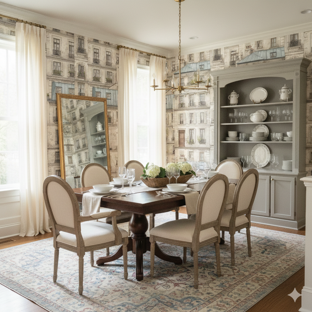 Maison Ruecrest Wallpaper featuring a Parisian building pattern.