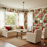 Crimson Hibiscus wallpaper with floral and hummingbird pattern, covering a living room setting.