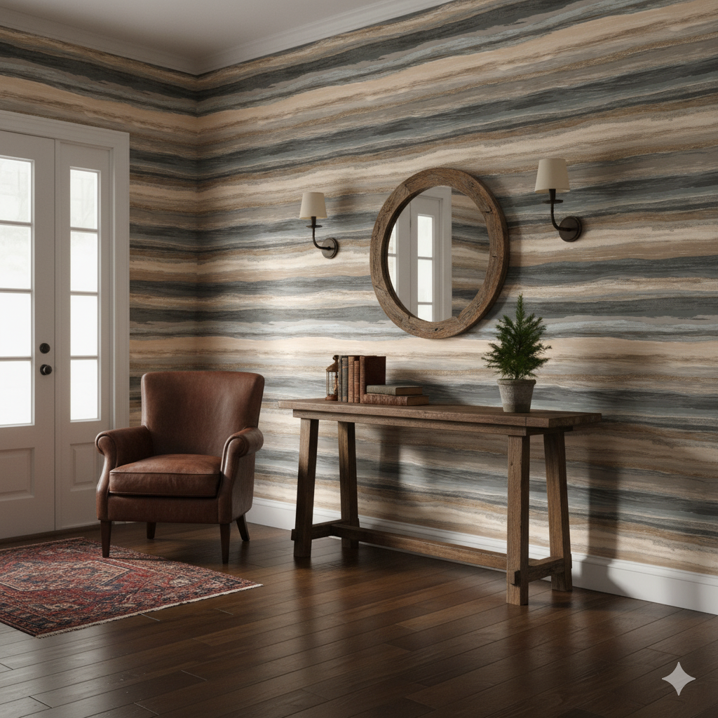 Tide Horizon Wallpaper with horizontal beige, white, and gray stripes, displayed on a wall in a room setting.