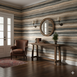 Tide Horizon Wallpaper with horizontal beige, white, and gray stripes, displayed on a wall in a room setting.