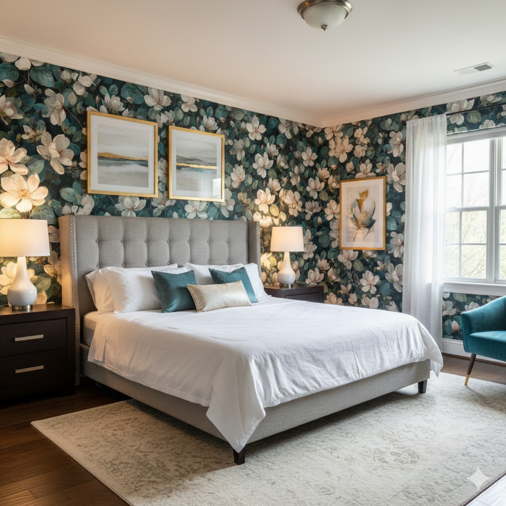 Nightgarden Magnolia Wallpaper with a floral pattern on a dark green background.