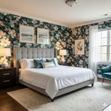 Nightgarden Magnolia Wallpaper with a floral pattern on a dark green background.
