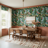Floral wallpaper with cactus pattern on blue background.