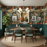 Patterned Casa Solana Wallpaper with dogs and plants on a green background.
