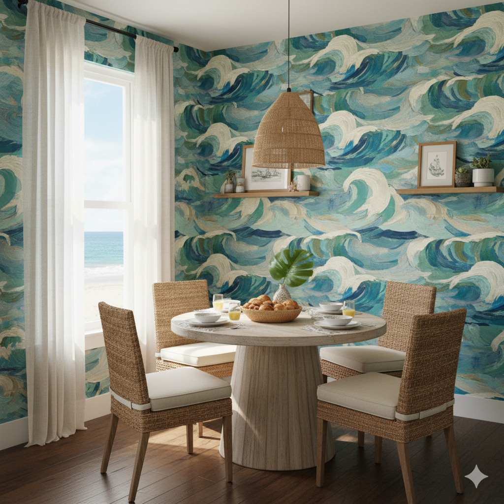Blue wave pattern wallpaper, with green accents, creating a coastal scene.