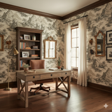 Scenic landscape etching wallpaper with gray and white toile pattern.