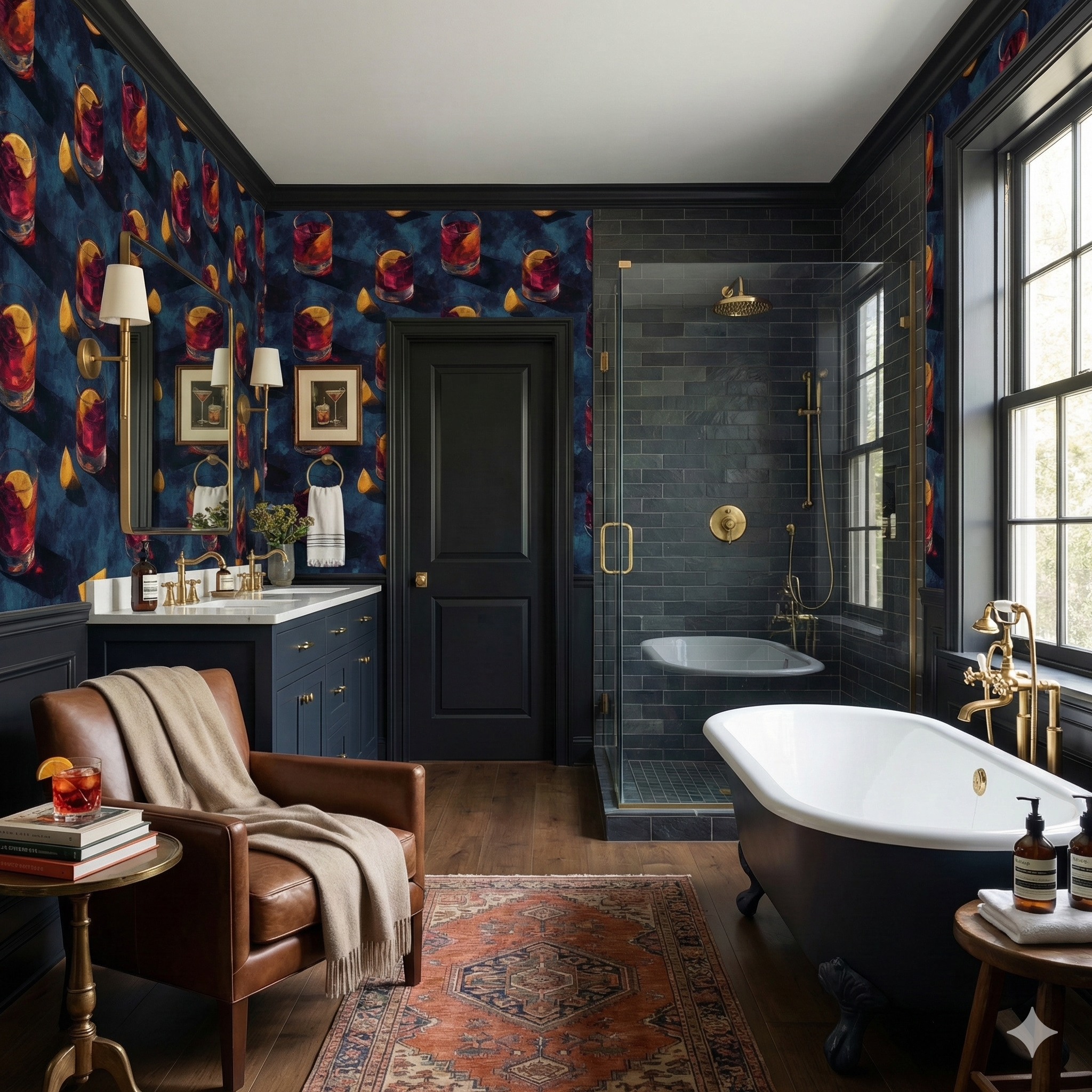 Evening Apertivo wallpaper with a cocktail glass and lemon pattern, covering the walls of a modern bathroom.