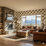 Patterned wallpaper featuring horse silhouettes against a light background from Black Mesa Run, visible in a stylishly furnished living room.
