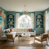 Pacific Mirage Wallpaper with a mural style and palm tree imagery.