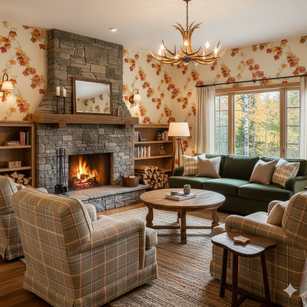 Autumn Tapestry Maple wallpaper featuring a fall-themed floral pattern, covering a living room wall above a stone fireplace.