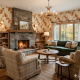 Autumn Tapestry Maple wallpaper featuring a fall-themed floral pattern, covering a living room wall above a stone fireplace.
