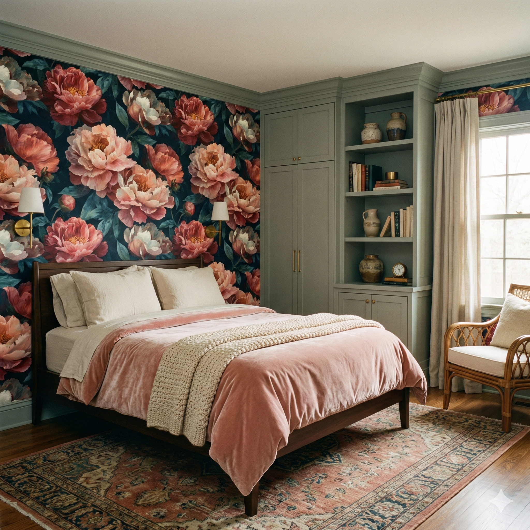 Floral Caldermere Wallpaper by York Wallcoverings with a pattern of large pink flowers on a dark blue background.
