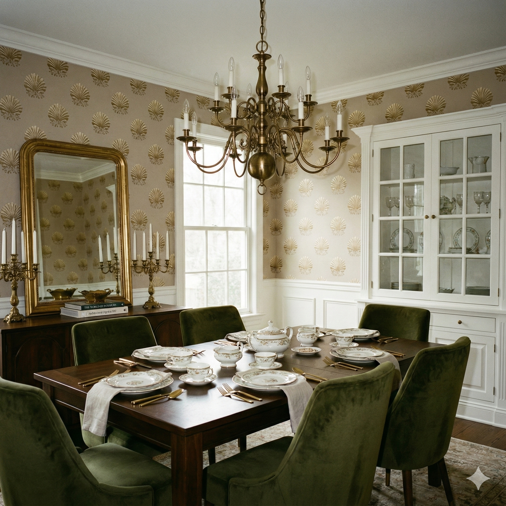 Textured wallpaper with crest pattern, gold on beige, covering the walls of a dining room.