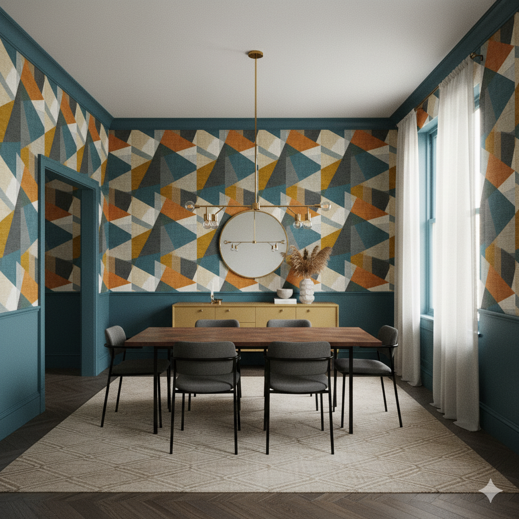 Meridian Block Wallpaper featuring a geometric pattern in shades of teal, orange, and gray.