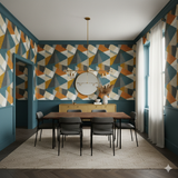 Meridian Block Wallpaper featuring a geometric pattern in shades of teal, orange, and gray.