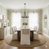 Olive lineage wallpaper in a dining room featuring a leaf pattern and white curtains.

