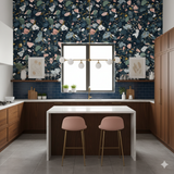 Terrazzo style Celeste Oro Wallpaper with colorful chips on a dark background.