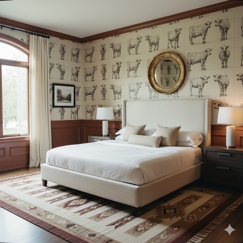 Lineage Herd wallpaper featuring a hand-drawn cow motif, displayed in a bedroom setting.