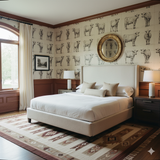 Lineage Herd wallpaper featuring a hand-drawn cow motif, displayed in a bedroom setting.