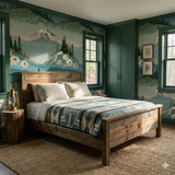 Mountain scene wallpaper with trees and daisies, styled in a bedroom setting.