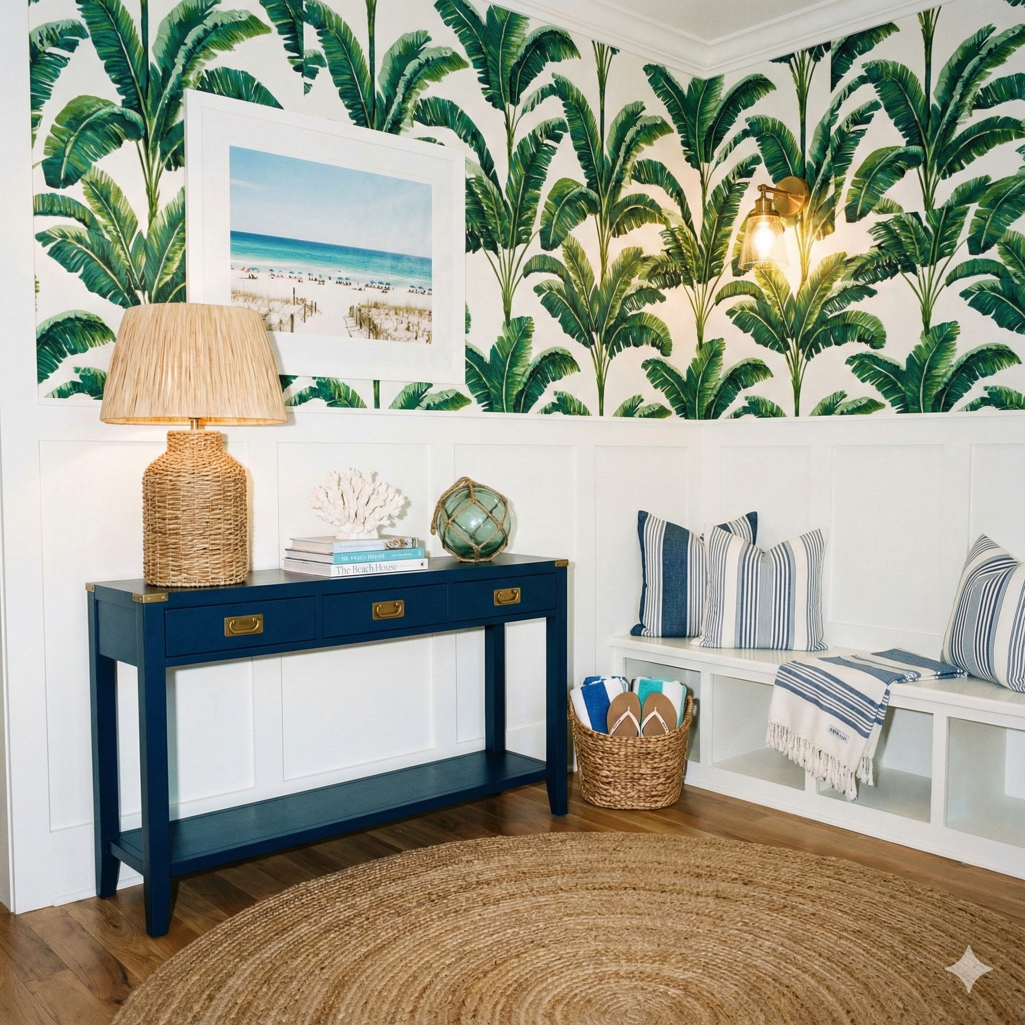 St. Aurelia Grove wallpaper by Brewster, featuring a tropical banana leaf pattern on a white background.
