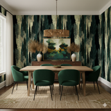 Cypressoire wallpaper with a dark green pattern in a dining room setting.