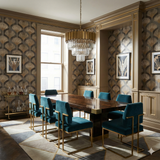 Deco Mirage wallpaper with art deco fan pattern in gold and brown.
