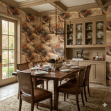 Highmoor Passage Wallpaper with a bird and grass motif, covering a dining room wall.