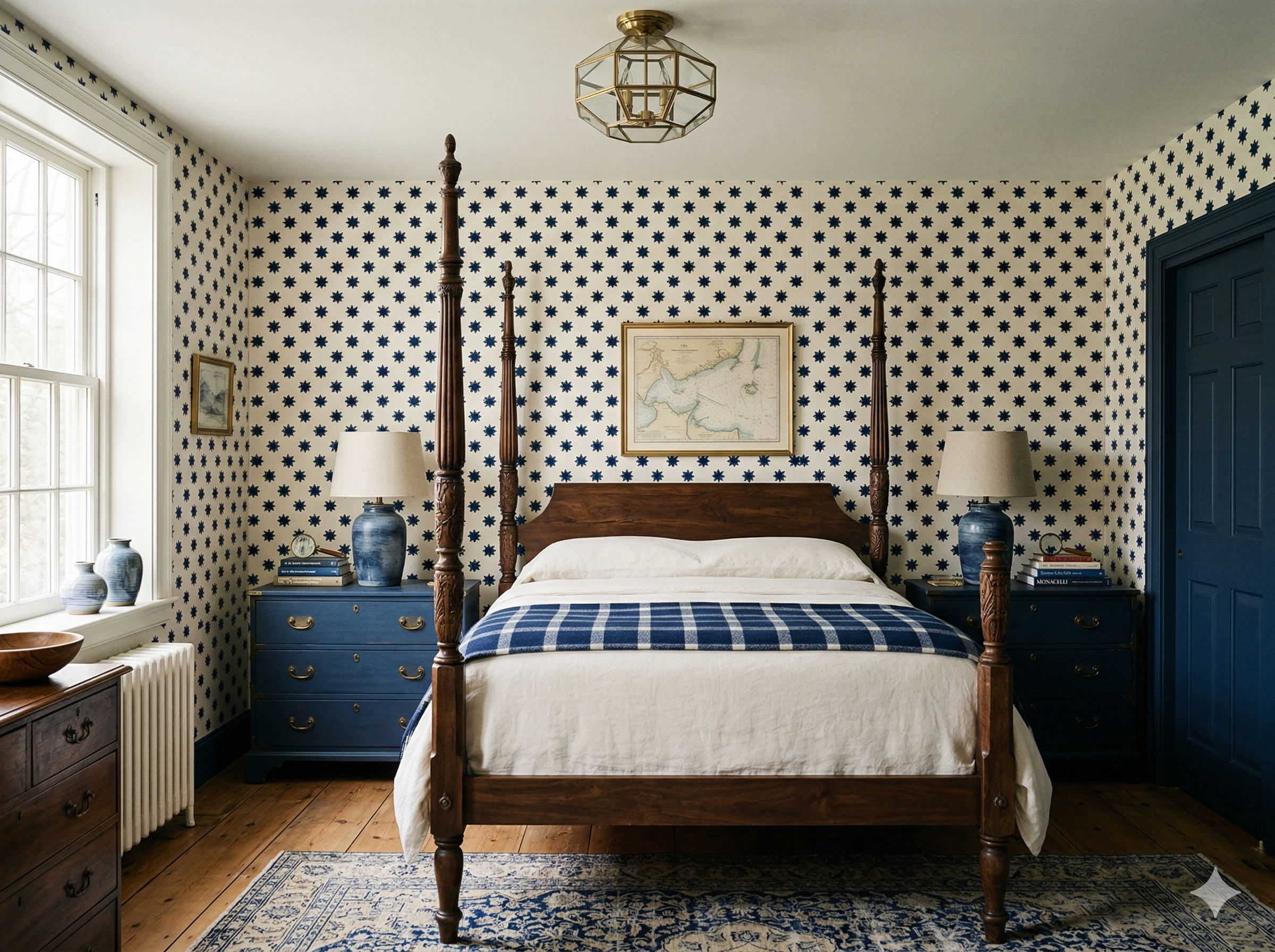 Nocturne Compass Wallpaper with navy star pattern over tan background on the bedroom wall.