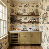 Citrus Etching Wallpaper featuring a botanical pattern of fruit and glassware sketches.
