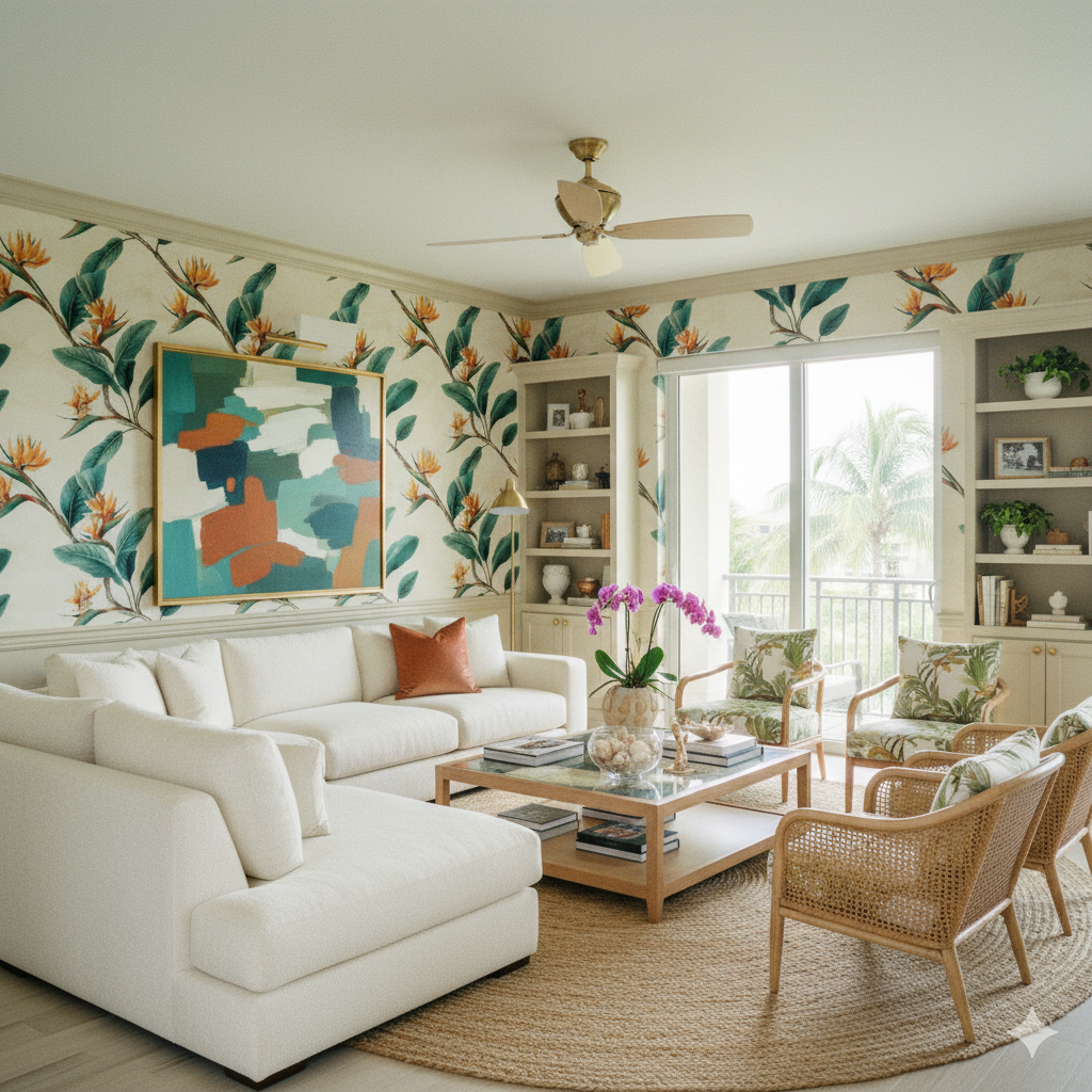 Solandra wallpaper with floral pattern on a living room wall.