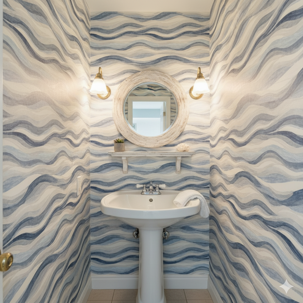 Bluewater Undercurrent wallpaper with a wavy pattern, creating a dynamic and watery effect, displayed in a small bathroom.