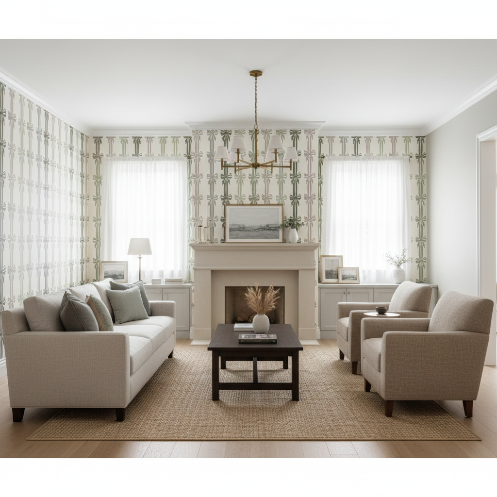 Patterned Maison Rue Wallpaper with ribbons by Brewster Home Fashions, adorning a stylishly decorated living room.
