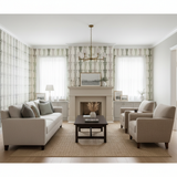Patterned Maison Rue Wallpaper with ribbons by Brewster Home Fashions, adorning a stylishly decorated living room.
