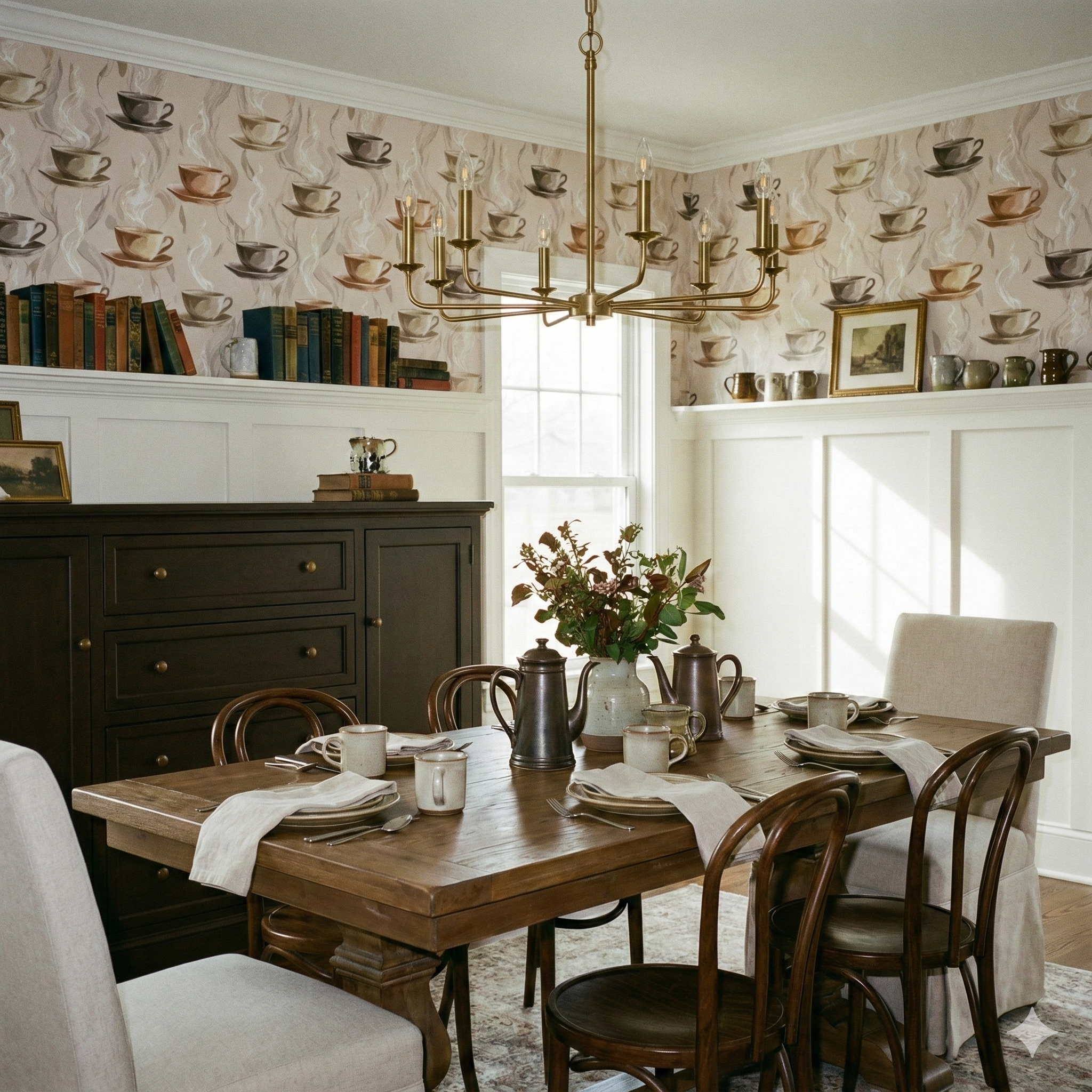 Coffee cup patterned wallpaper with steamy swirls, Hearthside Steam Wallpaper featuring warm, neutral tones.
