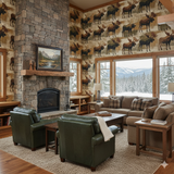 Kingsley Range Wallpaper with moose pattern, covering walls and fireplace in a cozy living room setting.
