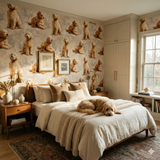 Honeypaw Study Wallpaper with golden retriever pattern filling the room.