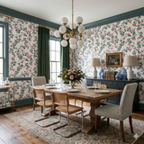 Floral Rosetti Vine Wallpaper with pink roses and green leaves, patterned background.